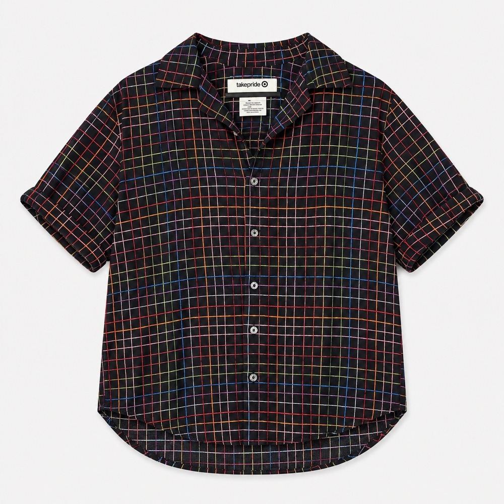 Pride Rainbow Grid Black Soft Rayon Shirt Glitter Buttons Small Maximalist